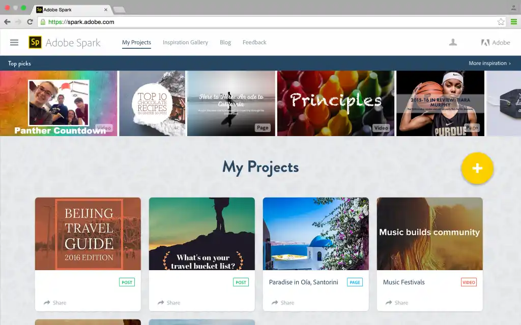 Screenshot of the Adobe Spark dashboard showcasing design tools, templates, and customization features for creating digital and print-on-demand graphics.