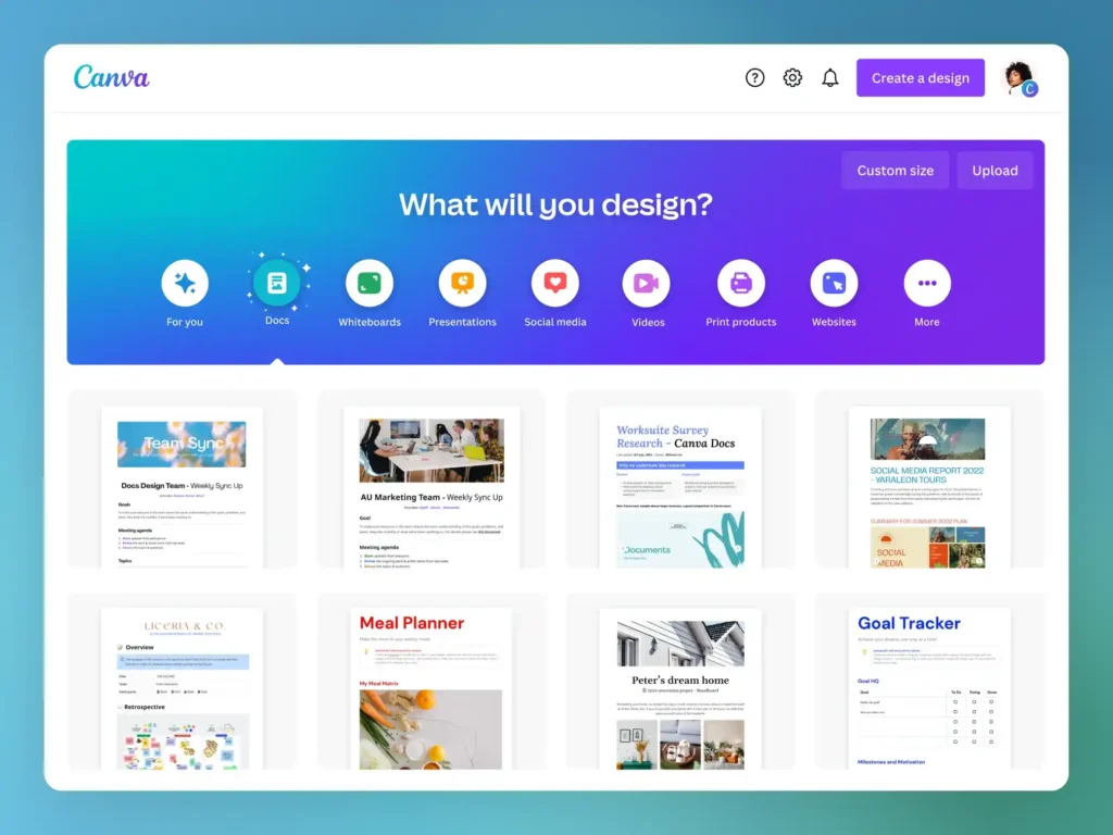 Screenshot of the Canva dashboard displaying design tools, templates, and customization features for creating print-on-demand and digital graphics.