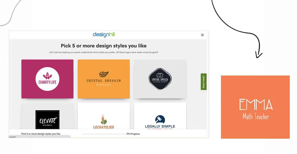 Screenshot of the Designhill Logo Maker dashboard displaying AI-powered logo creation tools, templates, and customization options.