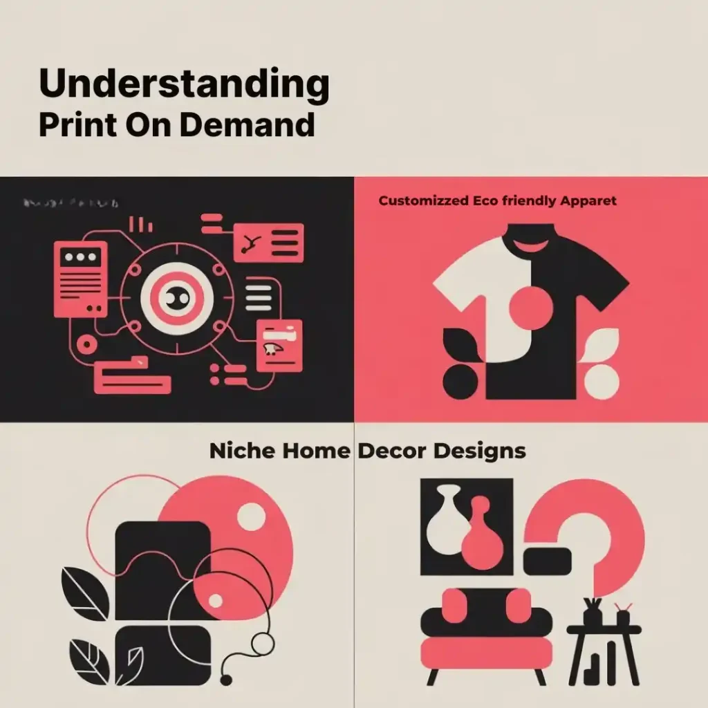 Innovative Print on Demand Business Ideas 2025 with digital automation, eco-friendly apparel, and niche home decor in black, white, and vibrant pink-red (#df0050).