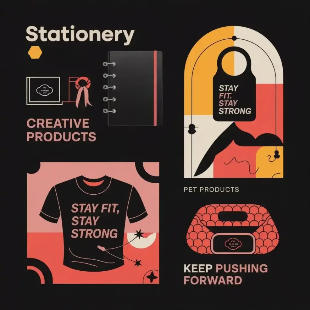 Modern image showcasing innovative print on demand ideas for stationery, fitness gear, and pet products in a black, white, and pink-red color scheme.