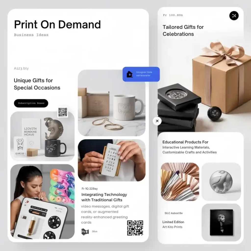 Innovative print on demand image featuring personalized gifts, educational products for kids, and limited edition art prints on a white background with pink-red accents