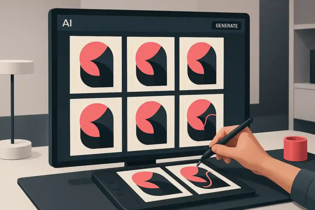 A futuristic design studio with advanced AI tools assisting a designer, symbolizing the evolving role of artificial intelligence in the POD industry