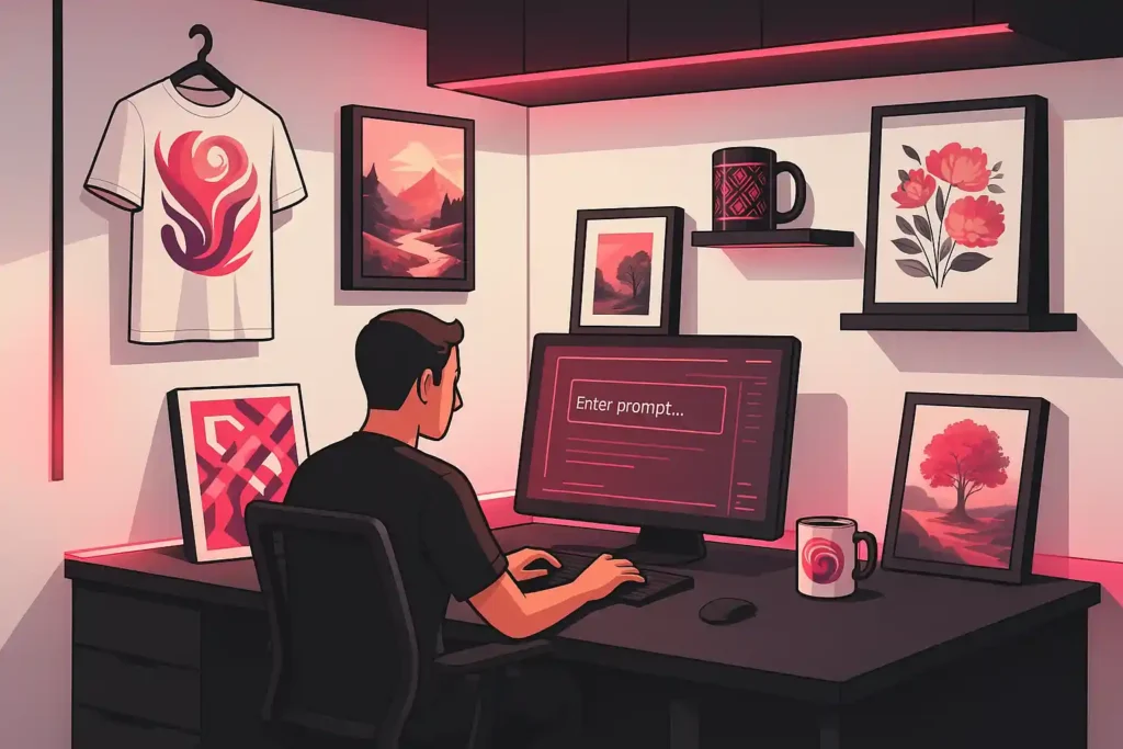 Digital illustration of an AI art prompt engineering workspace with POD products like mugs and notebooks on a creative desk setup.
