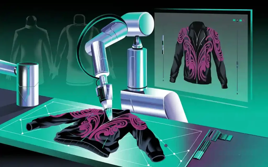 A modern POD workspace showing a designer using AI tools to create custom apparel, symbolizing collaboration between technology and human creativity.