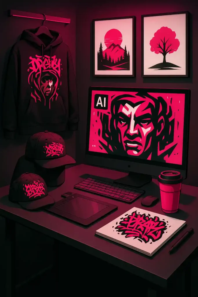 Dark-themed digital illustration of an AI-powered POD design studio workspace, featuring a hoodie, graffiti caps, and minimalist wall art in black, white, and vibrant hot pink (#DF0050).