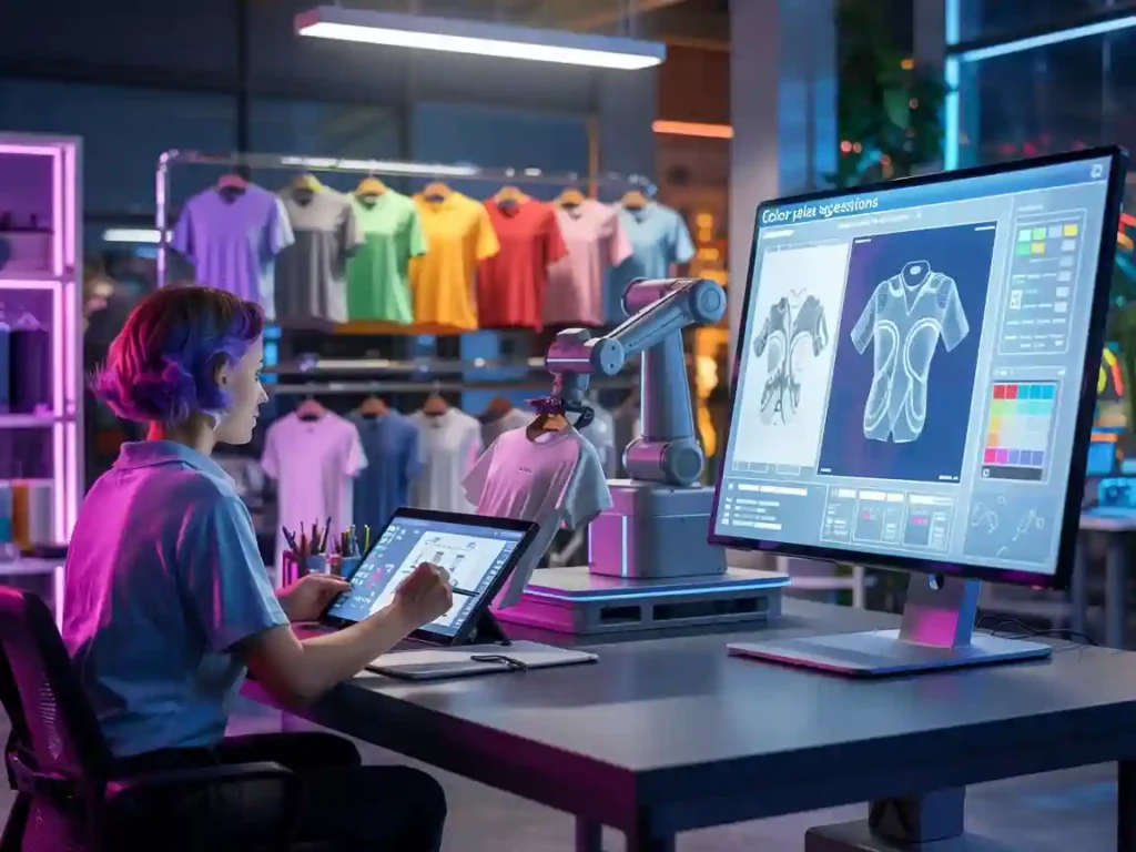 A print-on-demand design studio where a human designer collaborates with AI tools and robotics, showcasing the fusion of creativity and technology.