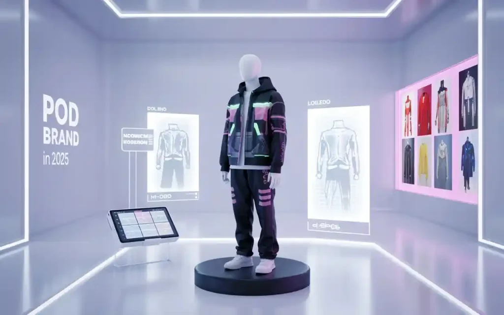 A modern POD workspace showing a designer using AI tools to create custom apparel, symbolizing collaboration between technology and human creativity.